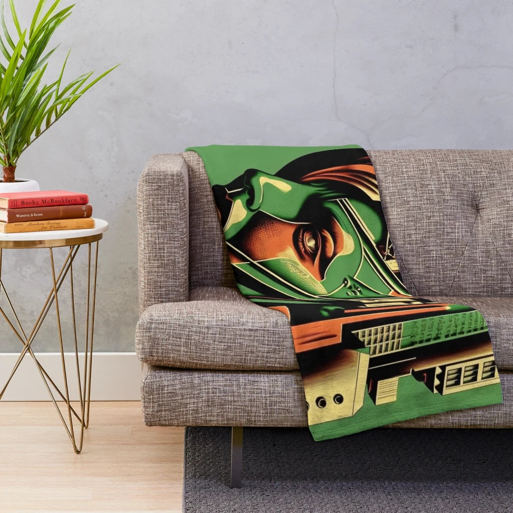Futuristic plush blanket with abstract cityscape and cinema lighting effects