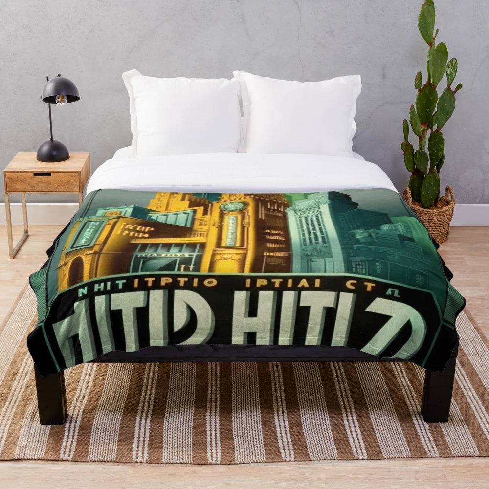 Futuristic plush blanket with retro cinema and sci-fi movie theater design
