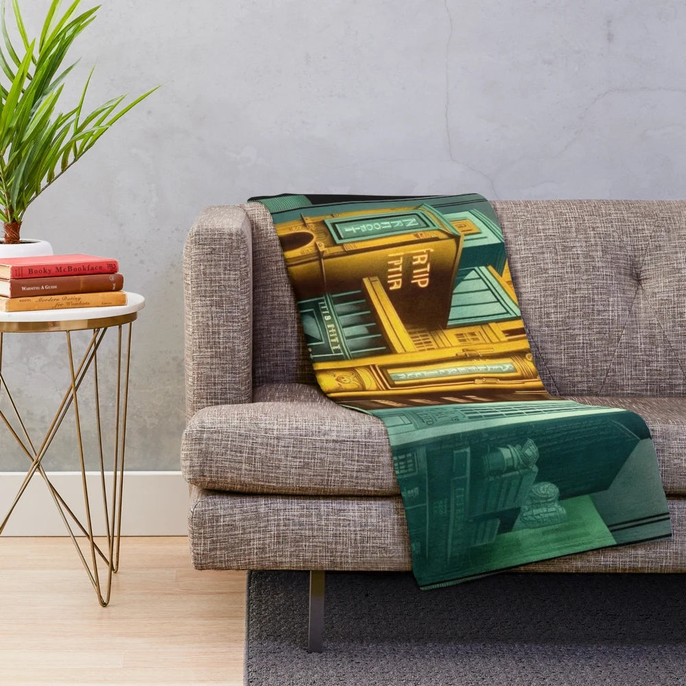 Futuristic plush blanket with retro cinema and sci-fi movie theater design