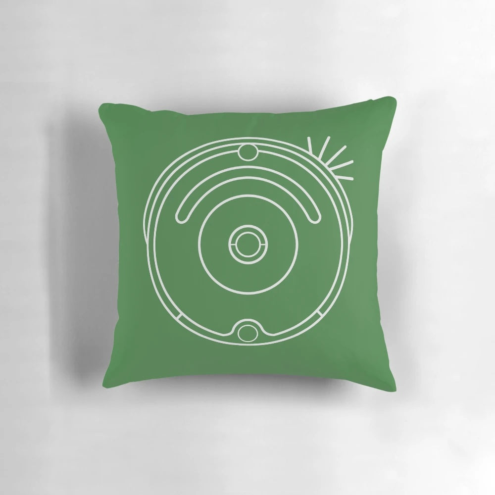 Futuristic robot vacuum cleaner pillow in black and white color with circular design