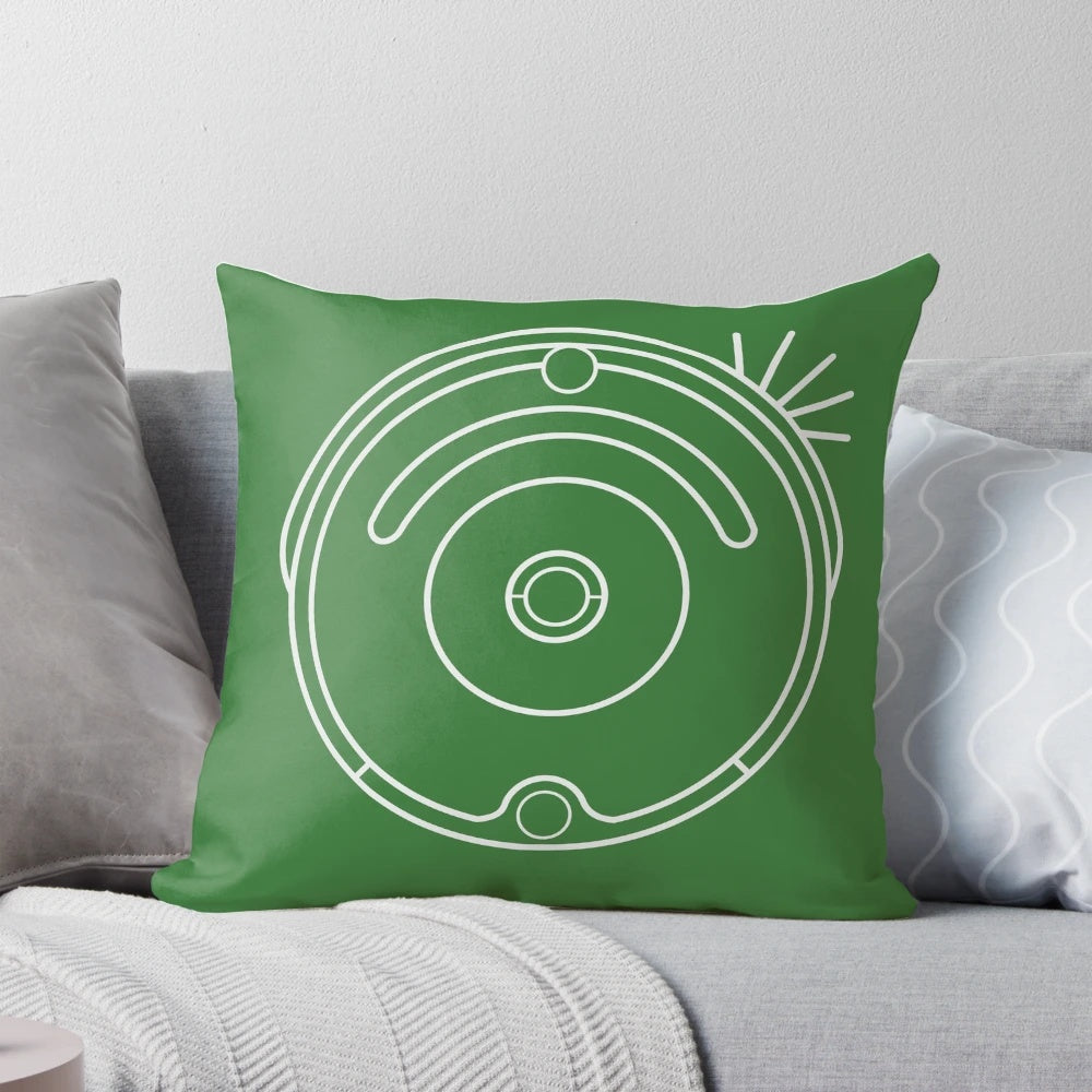 Futuristic robot vacuum cleaner pillow in black and white color with circular design
