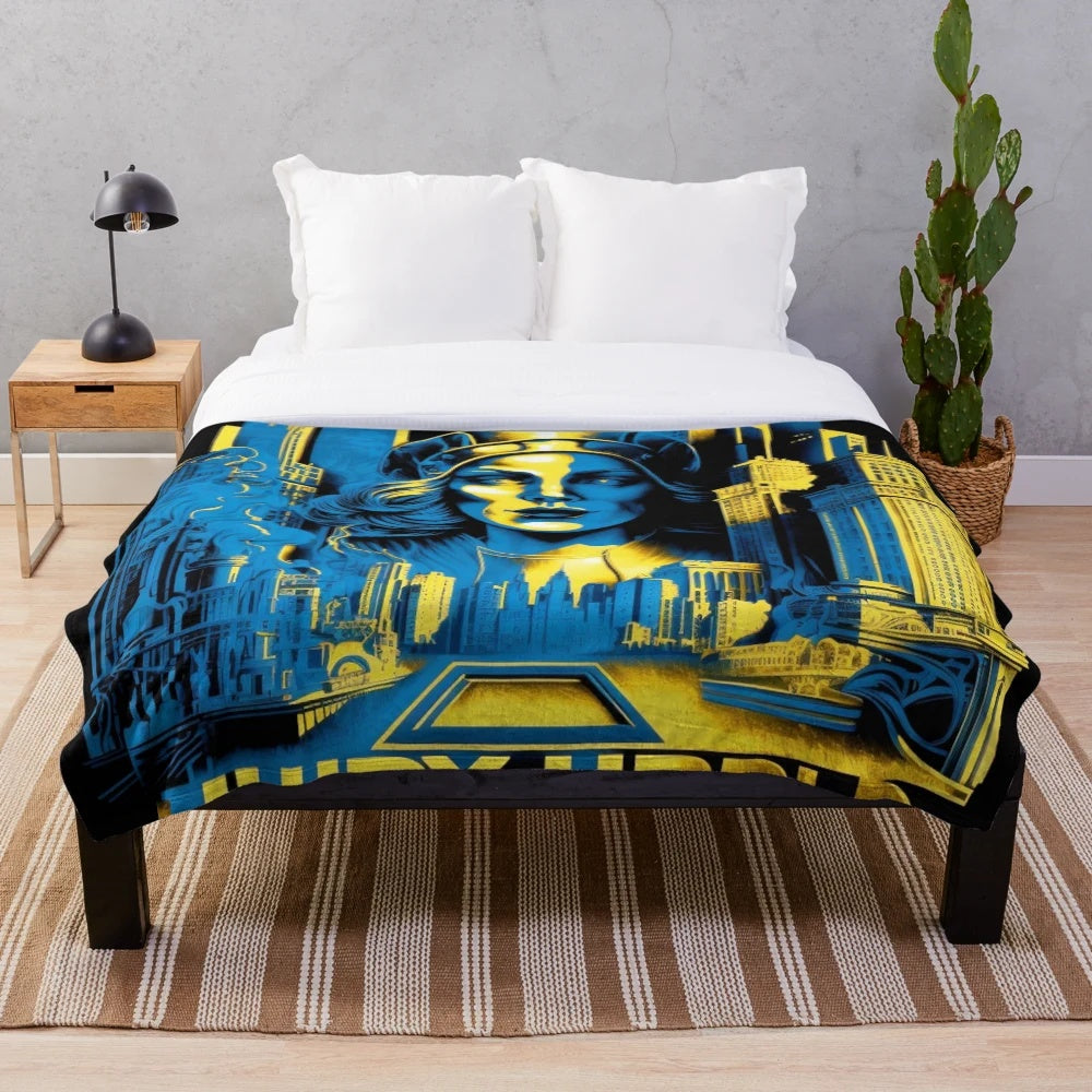 Futuristic sci-fi cinema inspired plush blanket with blue, black, and yellow colors