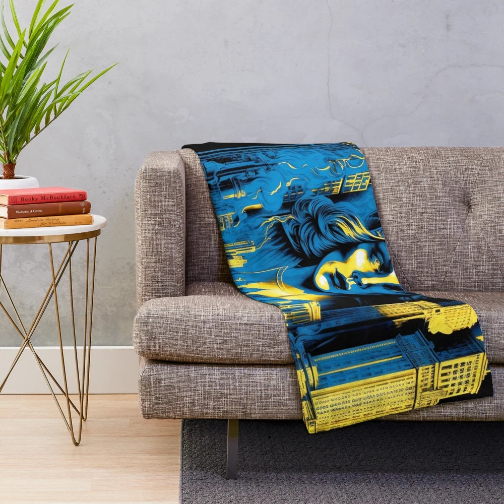 Futuristic sci-fi cinema inspired plush blanket with blue, black, and yellow colors