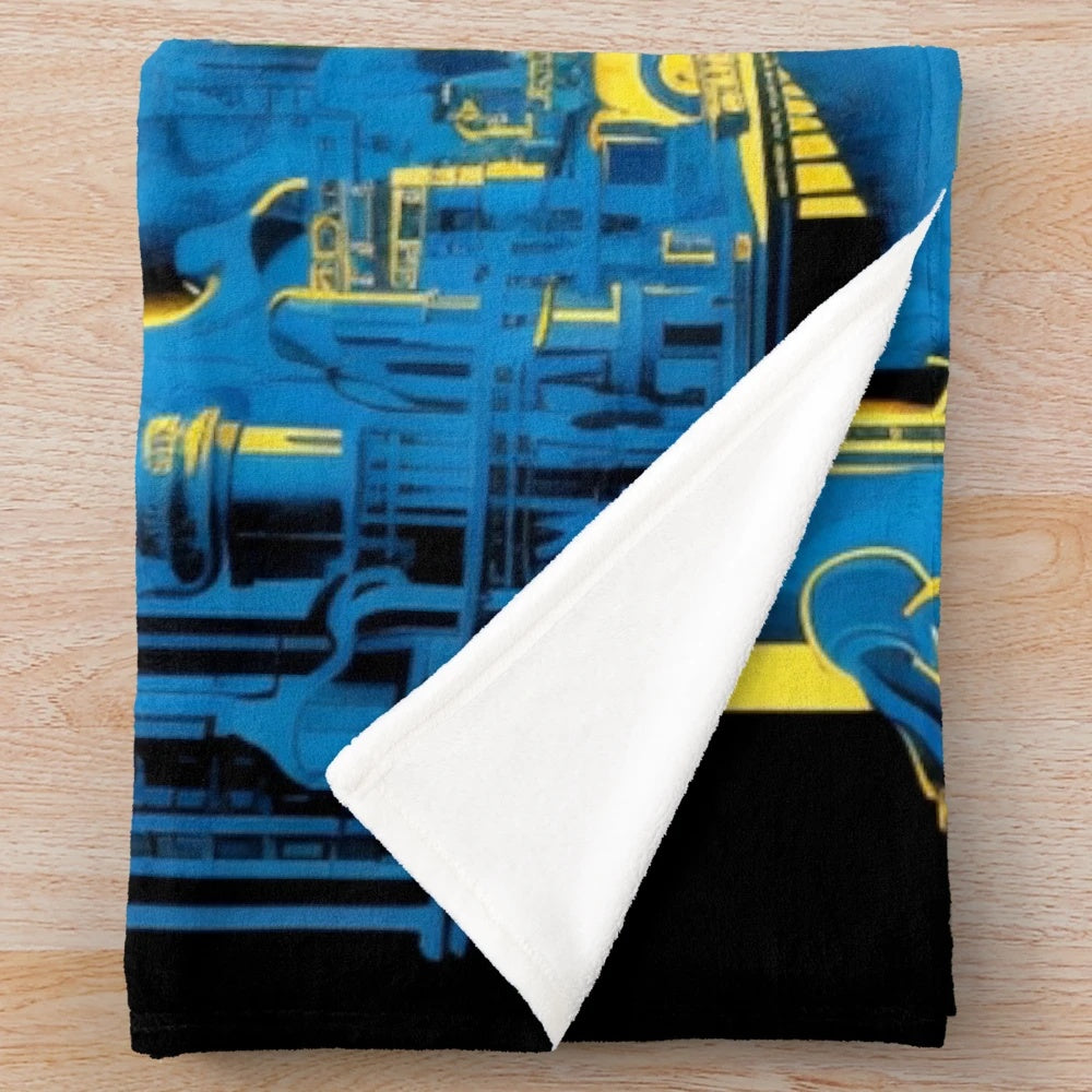 Futuristic sci-fi cinema inspired plush blanket with blue, black, and yellow colors