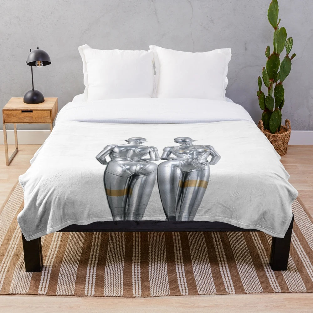 Futuristic silver robot twins plush blanket with a high-fashion, retro-futuristic design