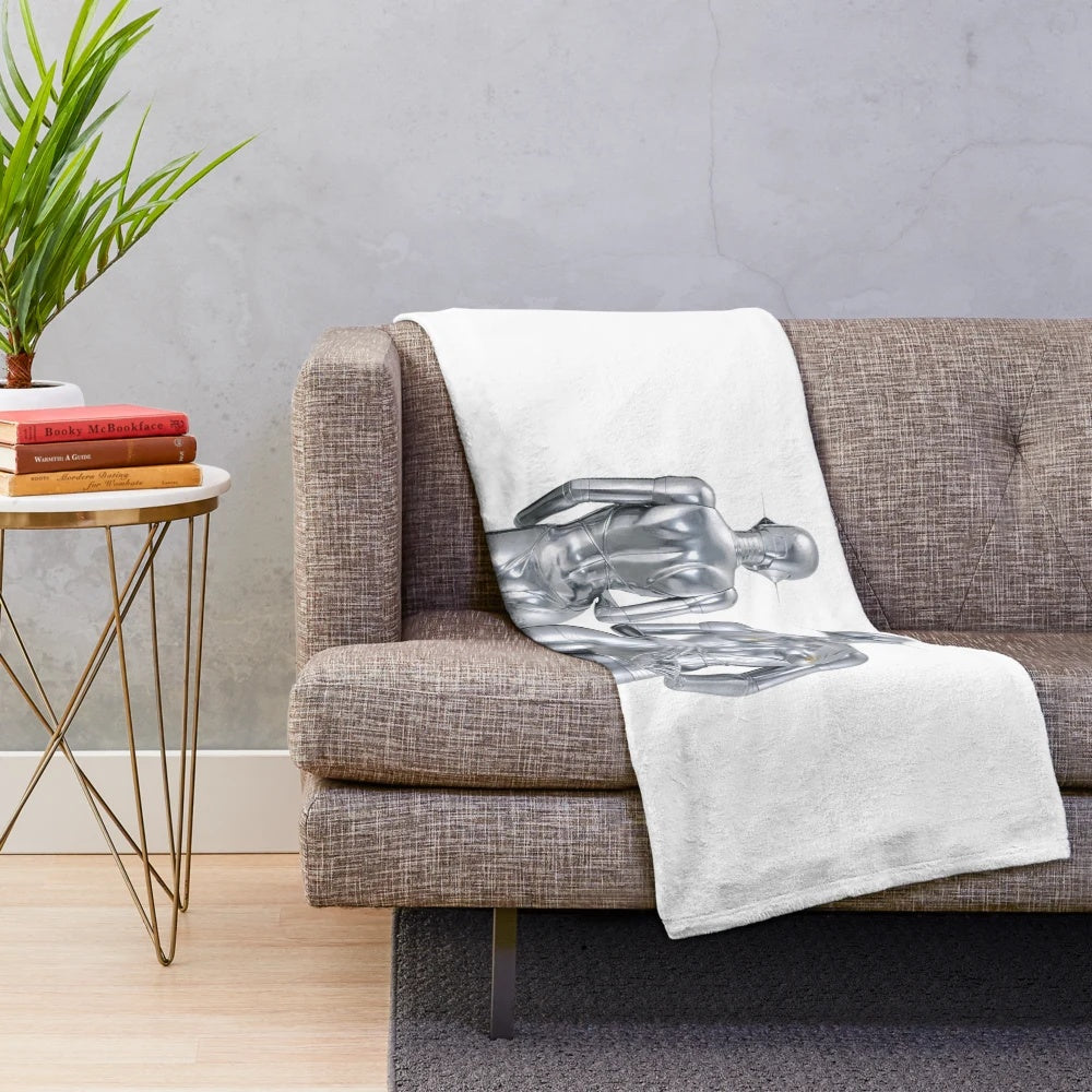 Futuristic silver robot twins plush blanket with a high-fashion, retro-futuristic design