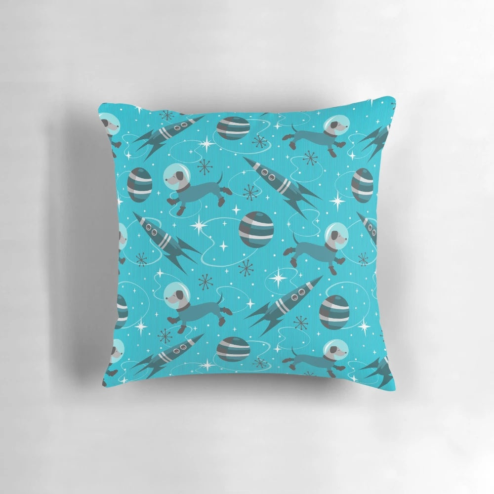 Futuristic pillow design featuring a dog or puppy in a space-inspired setting