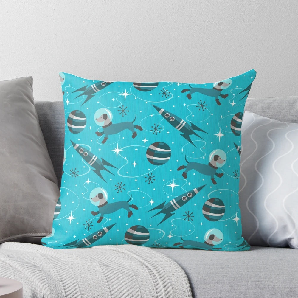 Futuristic pillow design featuring a dog or puppy in a space-inspired setting