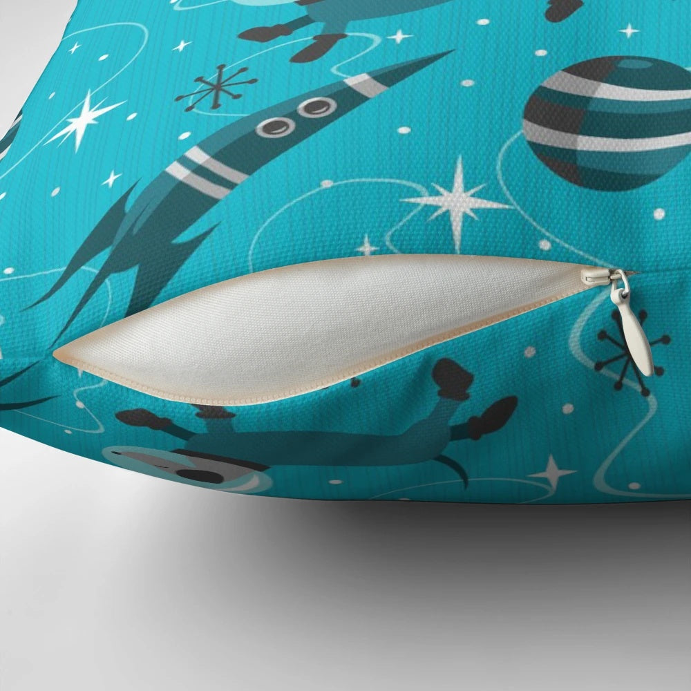 Futuristic pillow design featuring a dog or puppy in a space-inspired setting