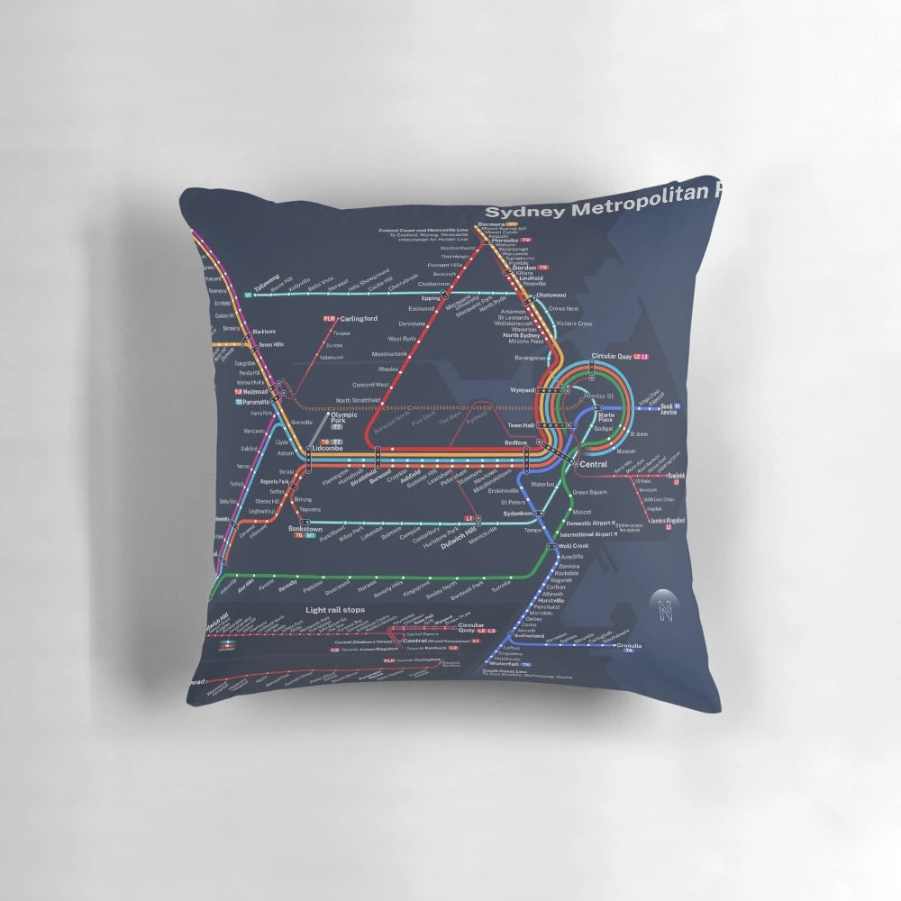 Pillow with a dark-themed map of the future Sydney, Australia transit system including trains, metro, and light rail.