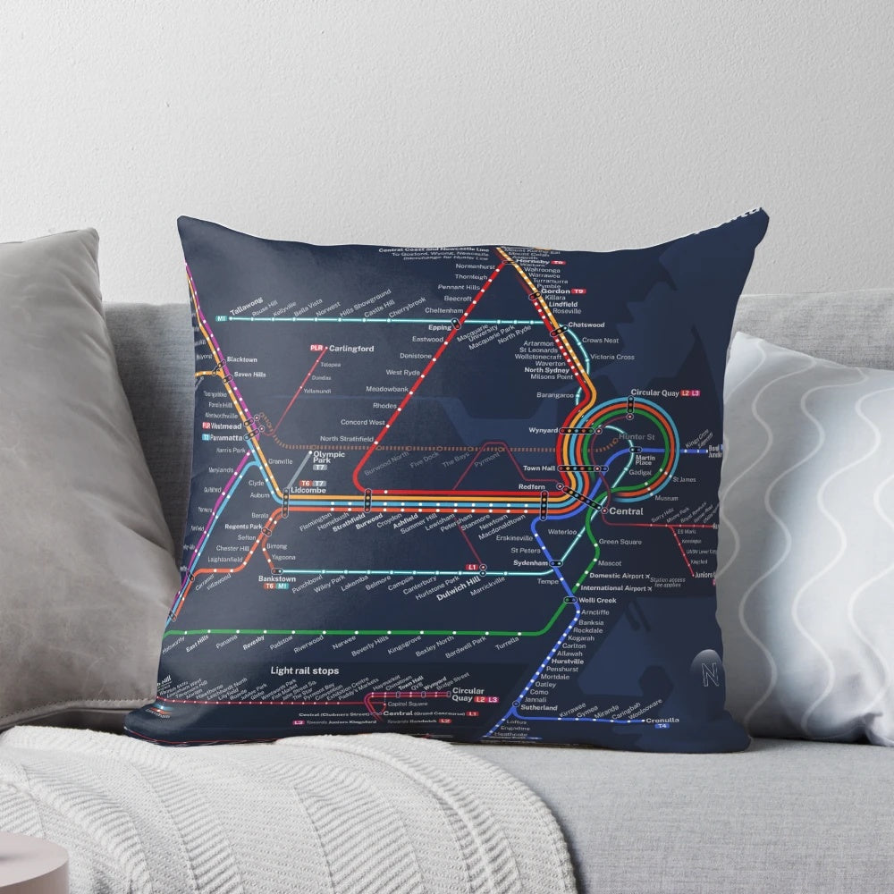 Pillow with a dark-themed map of the future Sydney, Australia transit system including trains, metro, and light rail.