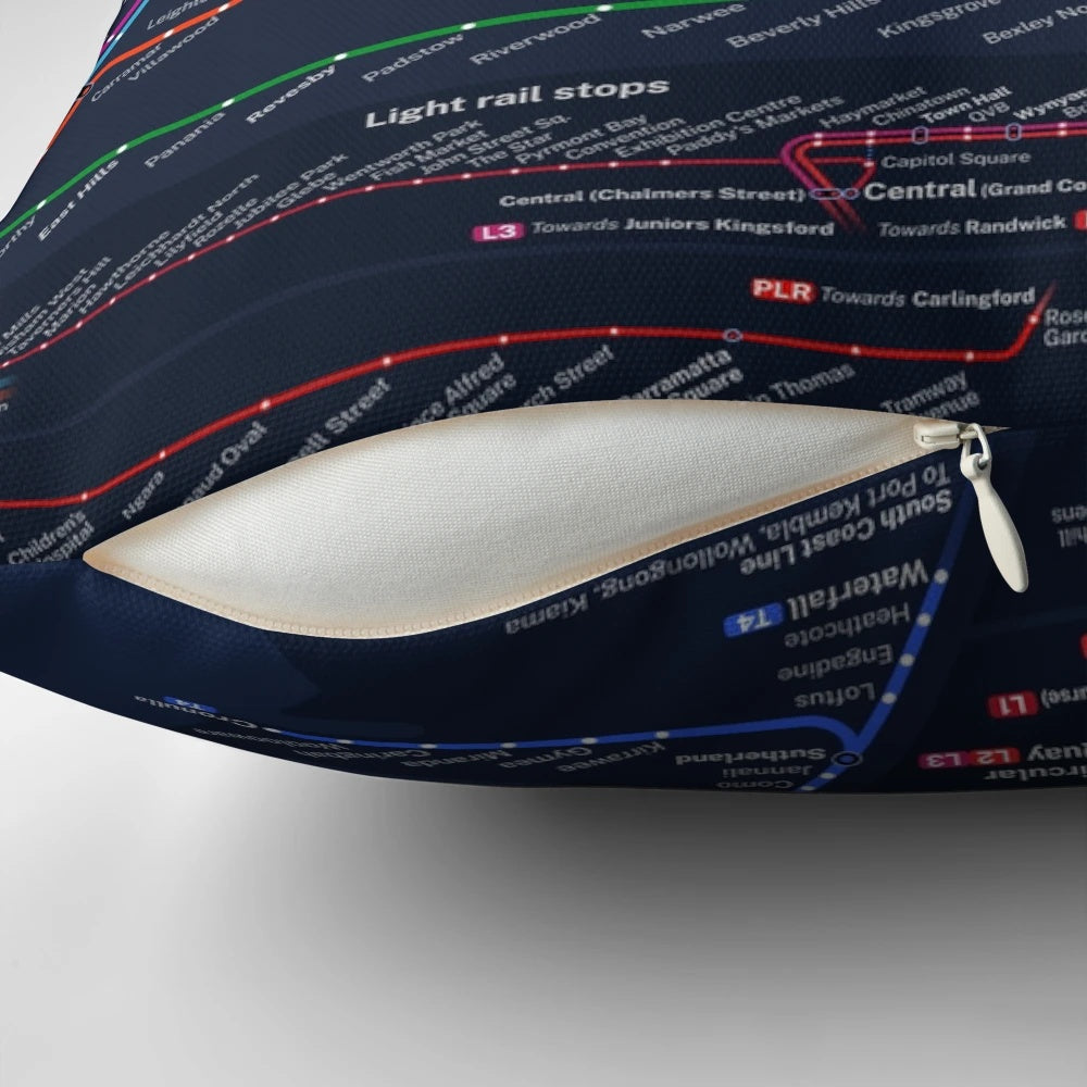 Pillow with a dark-themed map of the future Sydney, Australia transit system including trains, metro, and light rail.