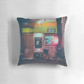 A futuristic pillow with a vibrant street scene of a Tokyo ramen alley, featuring neon lights, lanterns, and a bicycle