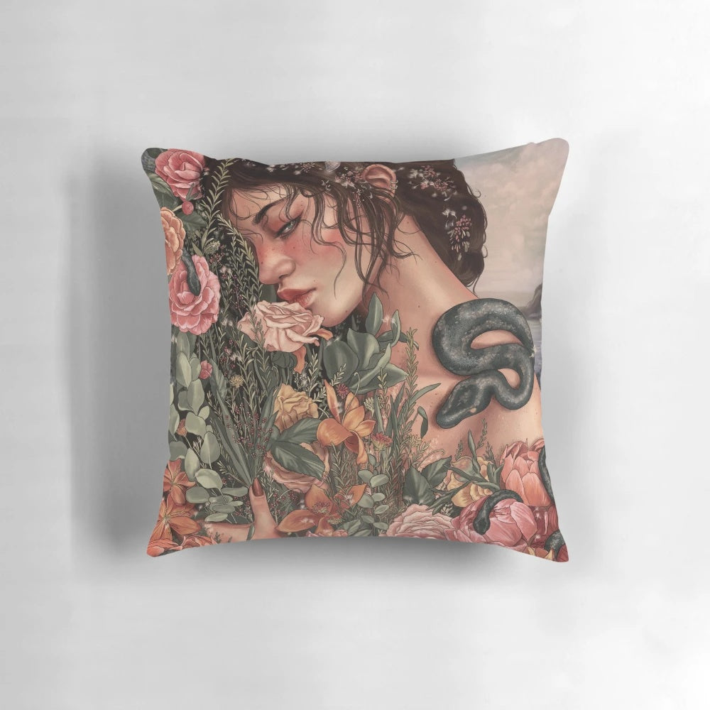 Gaia pillow featuring a nature-inspired design with floral and serpent motifs