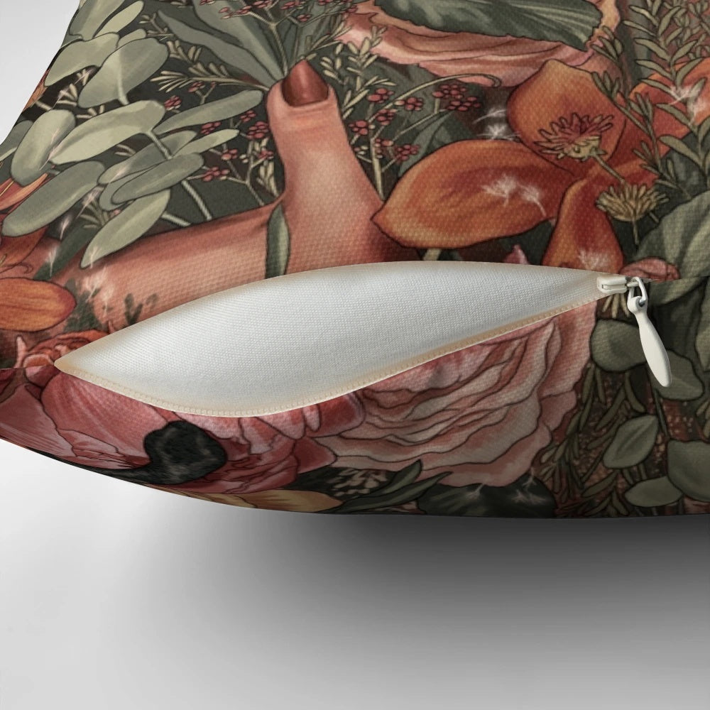 Gaia pillow featuring a nature-inspired design with floral and serpent motifs