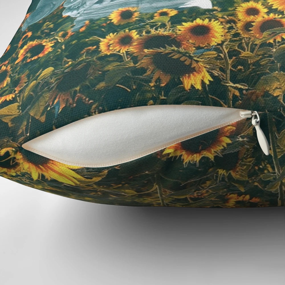 A whimsical pillow featuring a spaceman surrounded by sunflowers, set against a starry night sky.