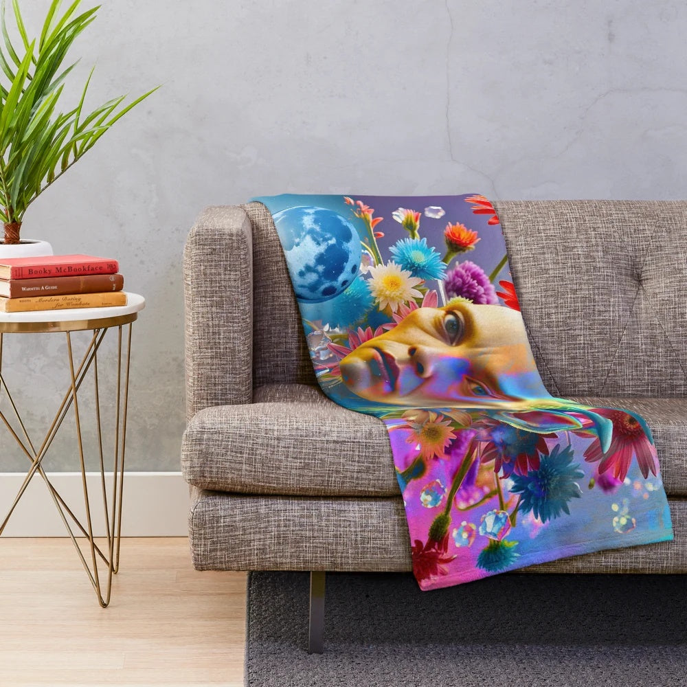 Alien plush blanket with cosmic, trippy, and boho patterns