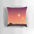 A decorative throw pillow featuring a gradient design with dual suns, inspired by the desert planet Tatooine from the Star Wars universe.