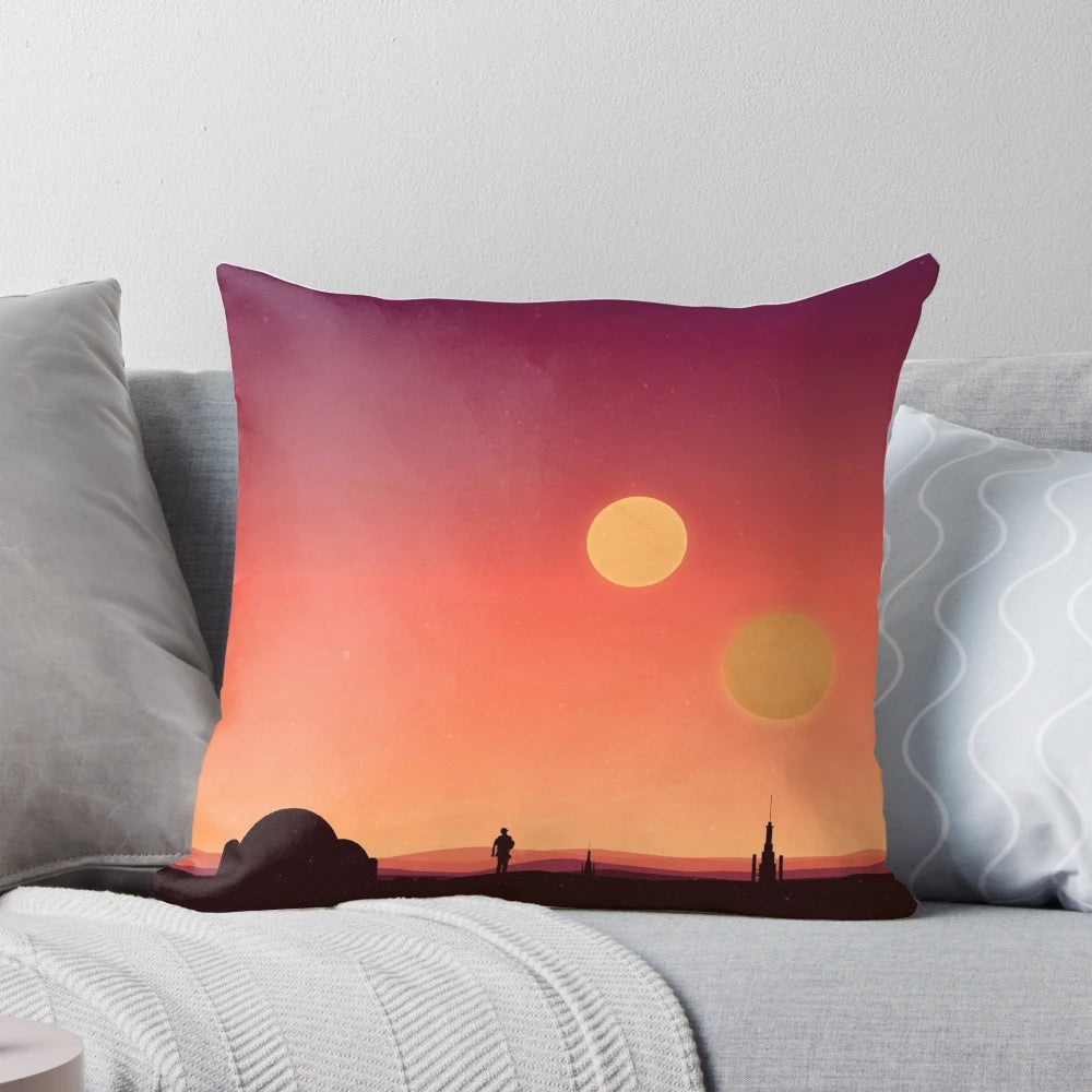 A decorative throw pillow featuring a gradient design with dual suns, inspired by the desert planet Tatooine from the Star Wars universe.
