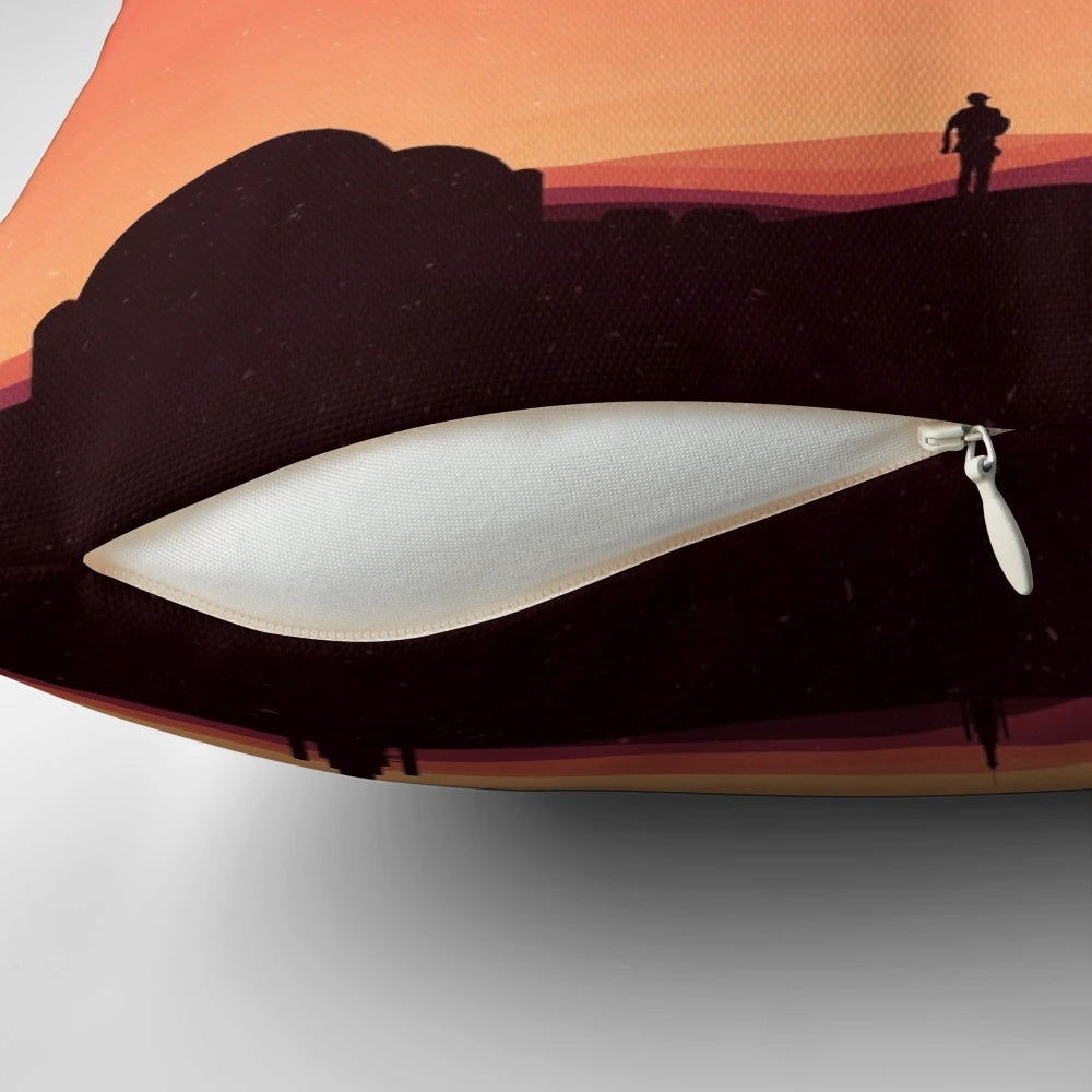 A decorative throw pillow featuring a gradient design with dual suns, inspired by the desert planet Tatooine from the Star Wars universe.