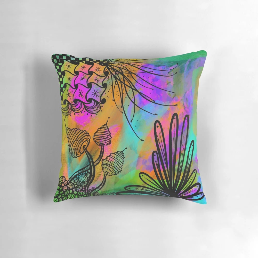 Colorful hand-drawn pillow with psychedelic floral and cosmic design, perfect for EDM fans and music festival enthusiasts.