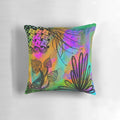 Colorful hand-drawn pillow with psychedelic floral and cosmic design, perfect for EDM fans and music festival enthusiasts.