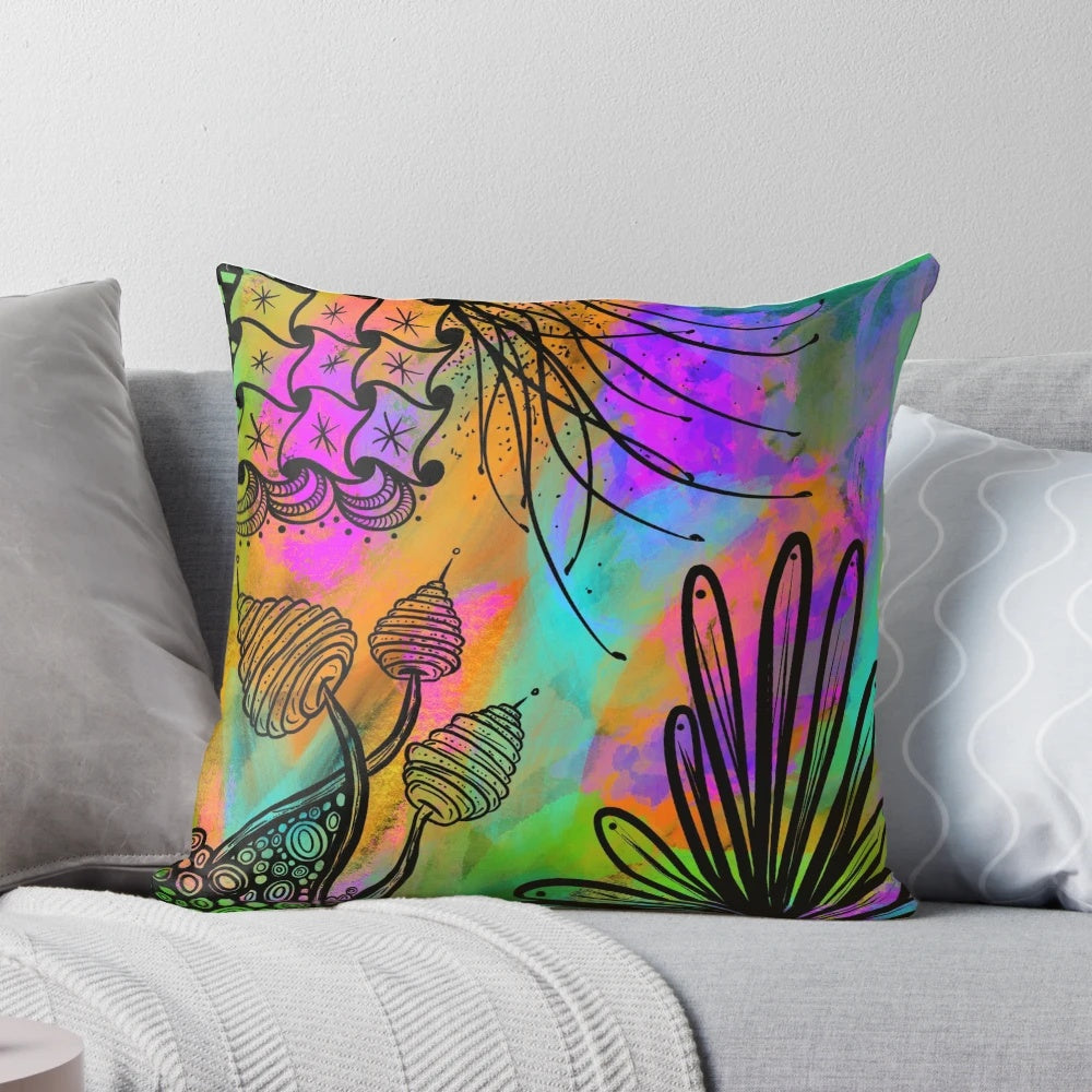 Colorful hand-drawn pillow with psychedelic floral and cosmic design, perfect for EDM fans and music festival enthusiasts.