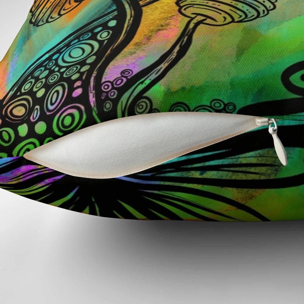 Colorful hand-drawn pillow with psychedelic floral and cosmic design, perfect for EDM fans and music festival enthusiasts.