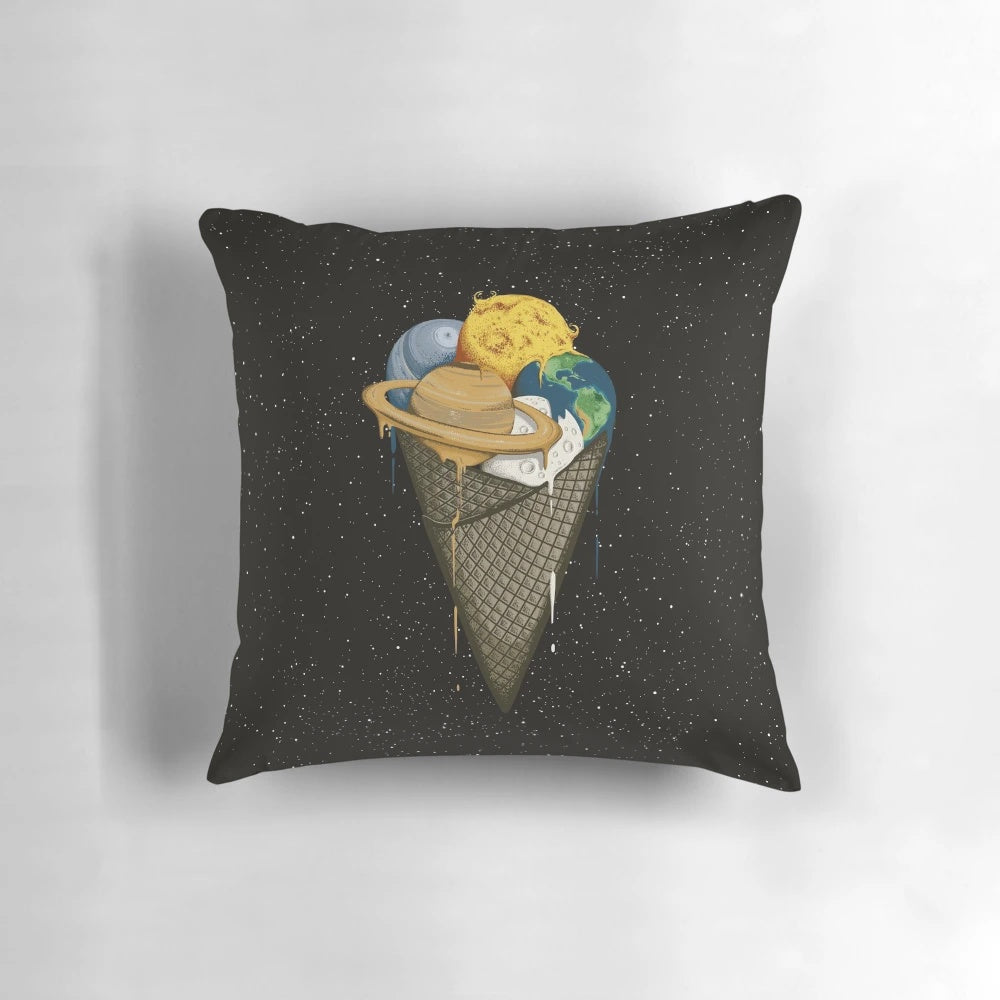 Galactic ice cream-themed pillow with planets, stars, and other space elements