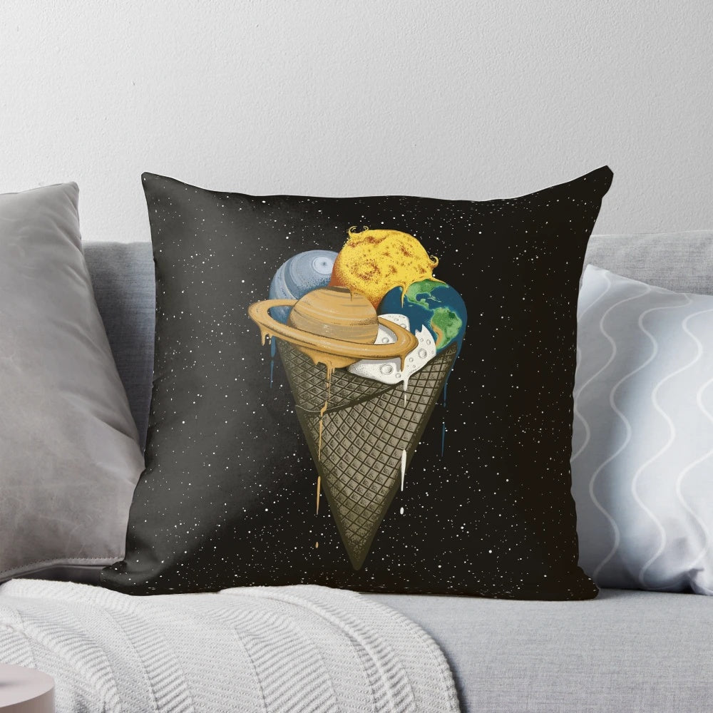 Galactic ice cream-themed pillow with planets, stars, and other space elements