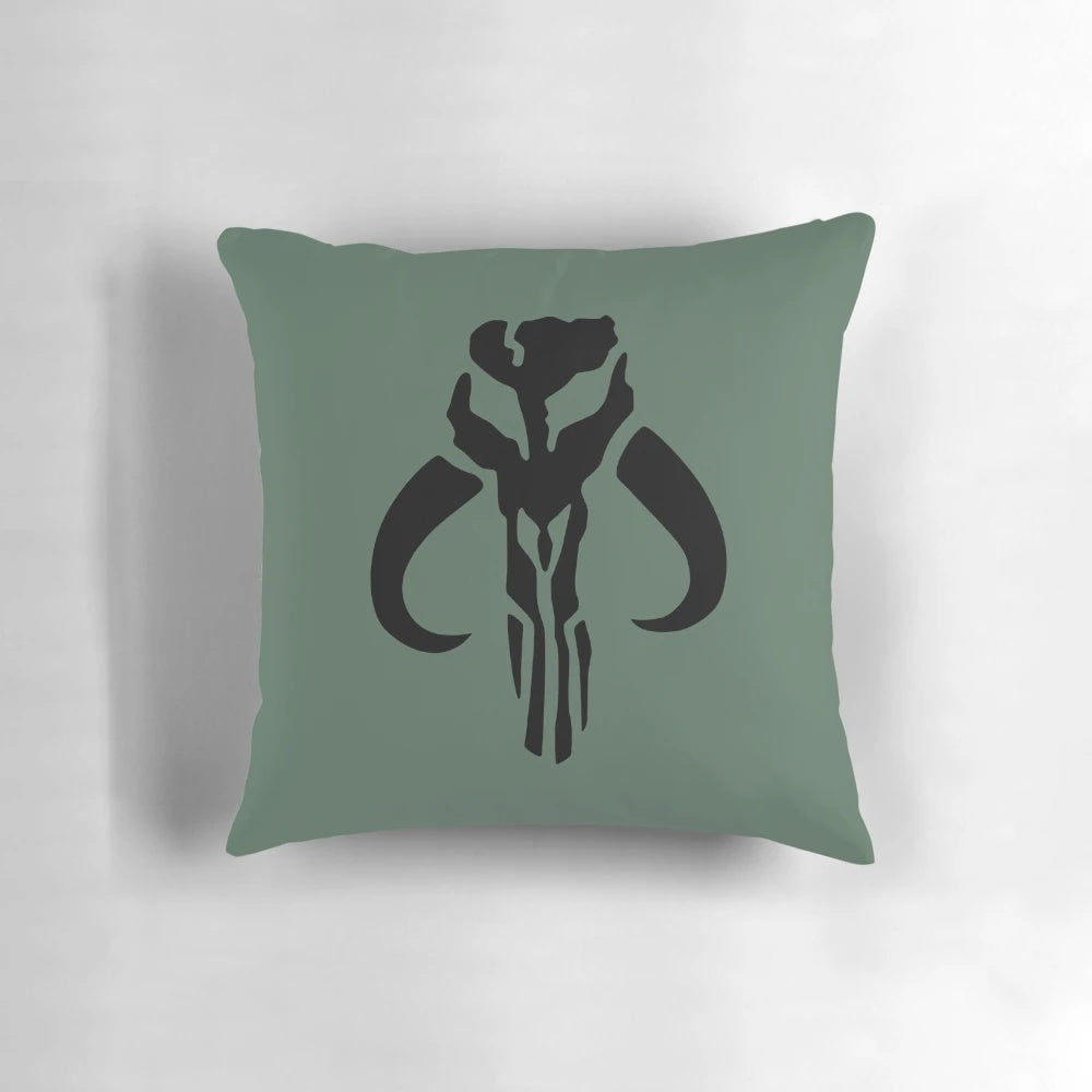 Mandalore-themed decorative pillow with symbols and characters from the Star Wars universe