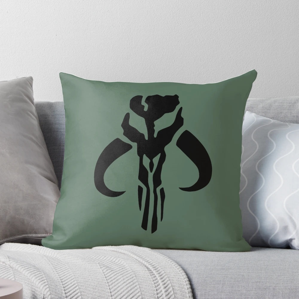 Mandalore-themed decorative pillow with symbols and characters from the Star Wars universe