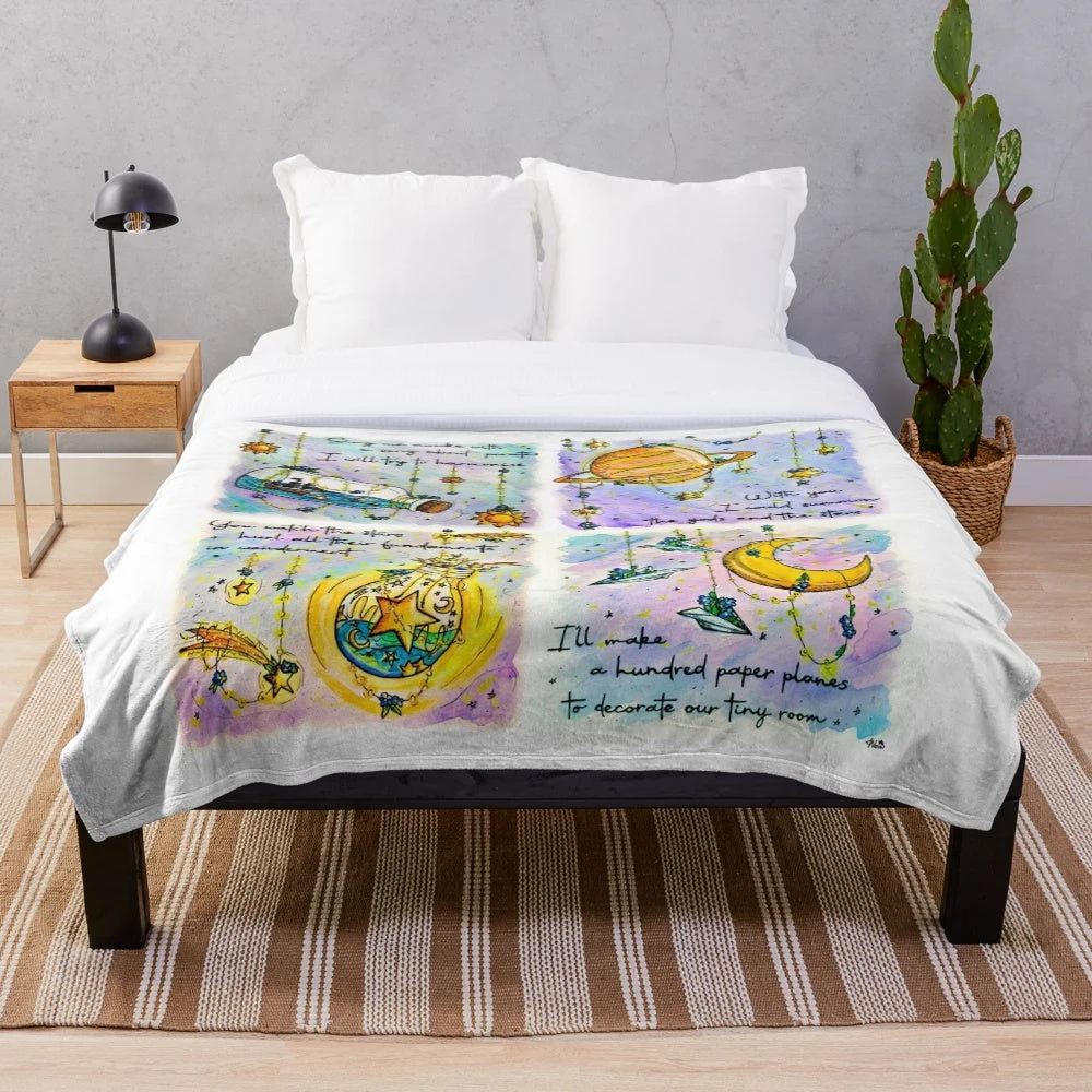 Galactic inspired plush blanket featuring a celestial, starry design with song lyrics