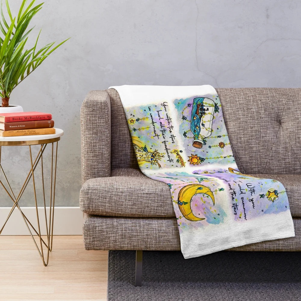 Galactic inspired plush blanket featuring a celestial, starry design with song lyrics