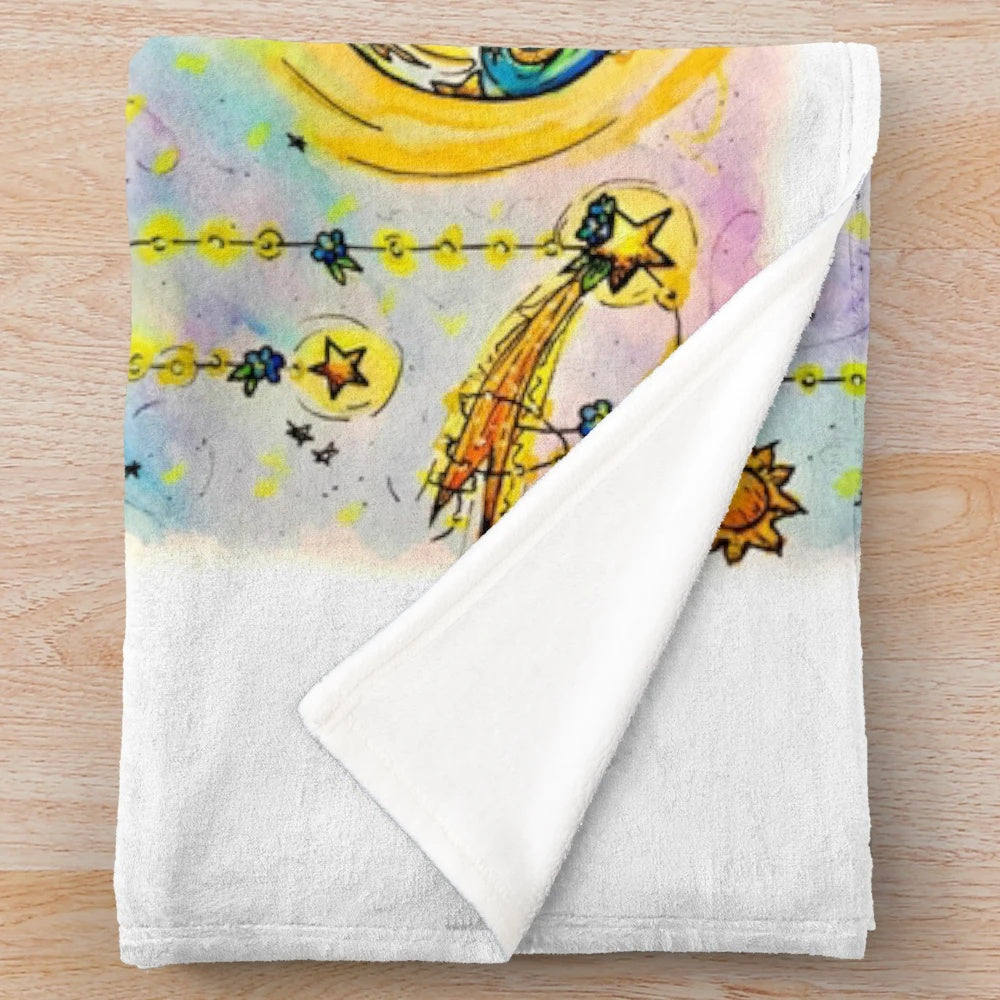 Galactic inspired plush blanket featuring a celestial, starry design with song lyrics