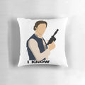 A soft, plush pillow featuring a design inspired by the iconic "I love you" and "I know" exchange between Princess Leia and Han Solo from the Star Wars films.