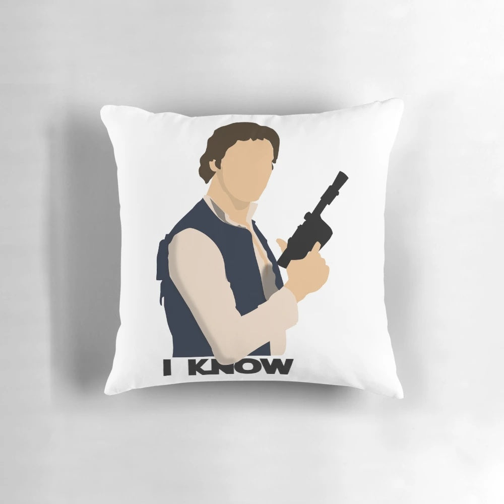 A soft, plush pillow featuring a design inspired by the iconic "I love you" and "I know" exchange between Princess Leia and Han Solo from the Star Wars films.
