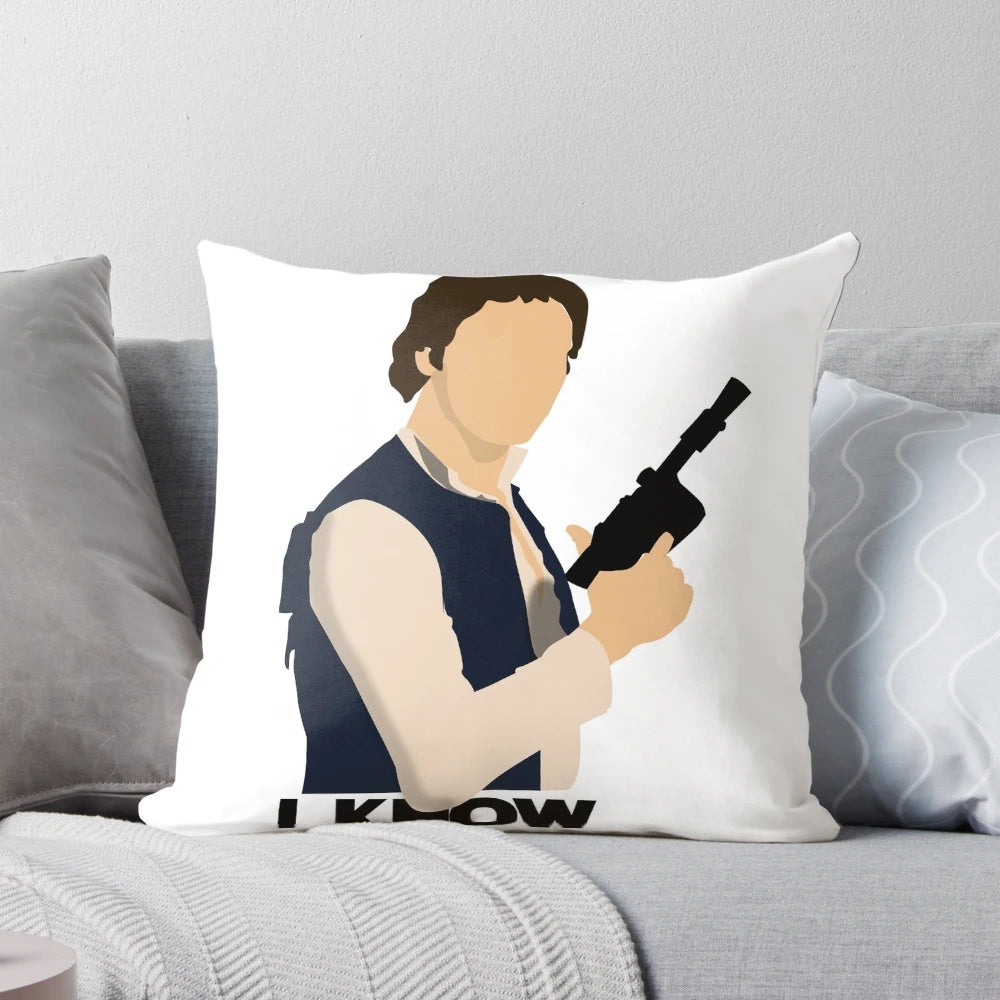 A soft, plush pillow featuring a design inspired by the iconic "I love you" and "I know" exchange between Princess Leia and Han Solo from the Star Wars films.