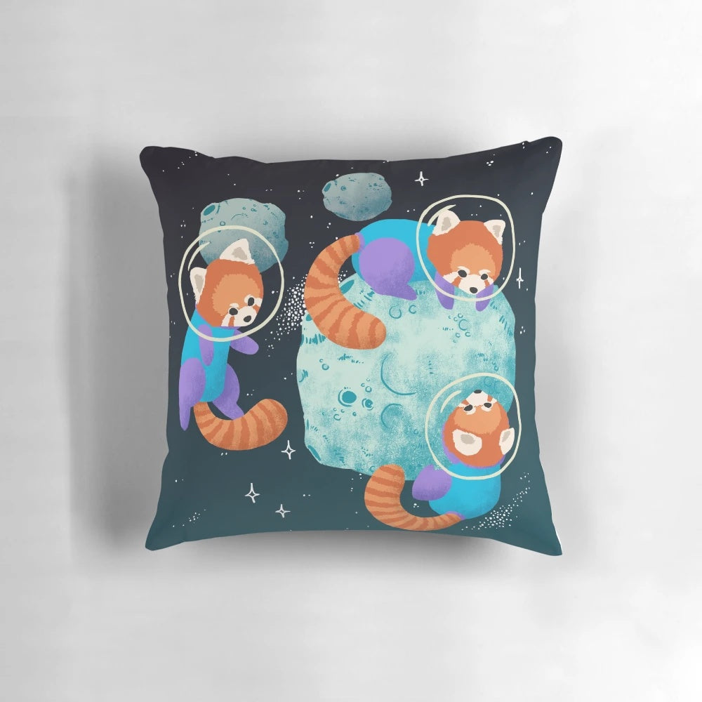 Vibrant digital illustration of a red panda floating in a starry galaxy
