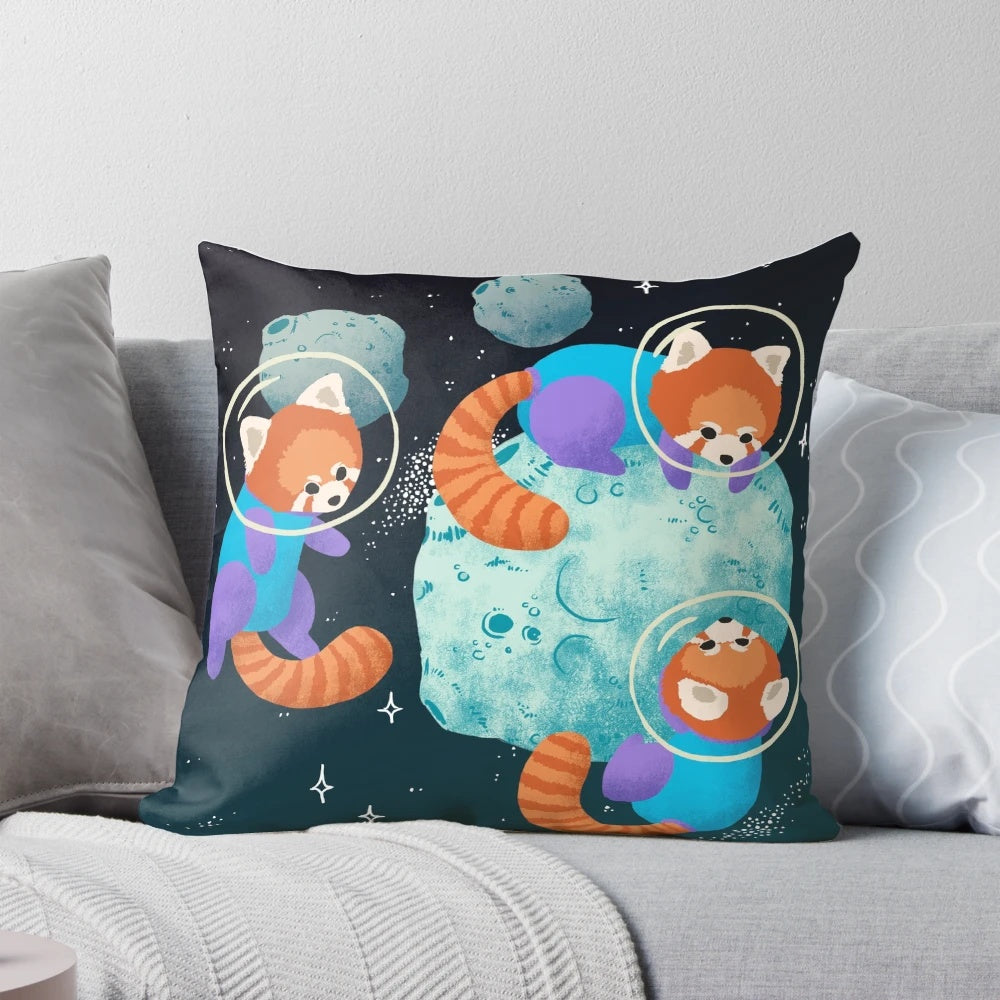 Vibrant digital illustration of a red panda floating in a starry galaxy