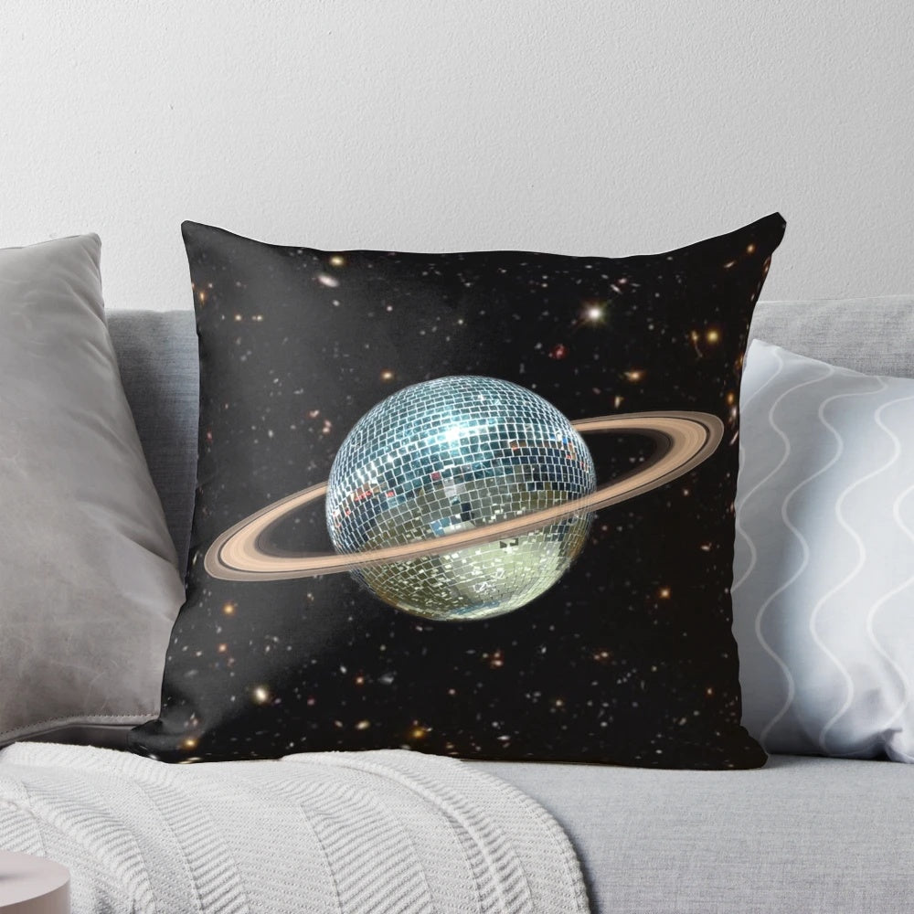 Shimmering Saturn-inspired disco ball pillow with a cosmic galaxy design