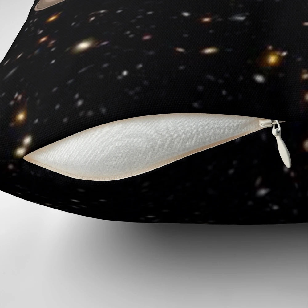 Shimmering Saturn-inspired disco ball pillow with a cosmic galaxy design