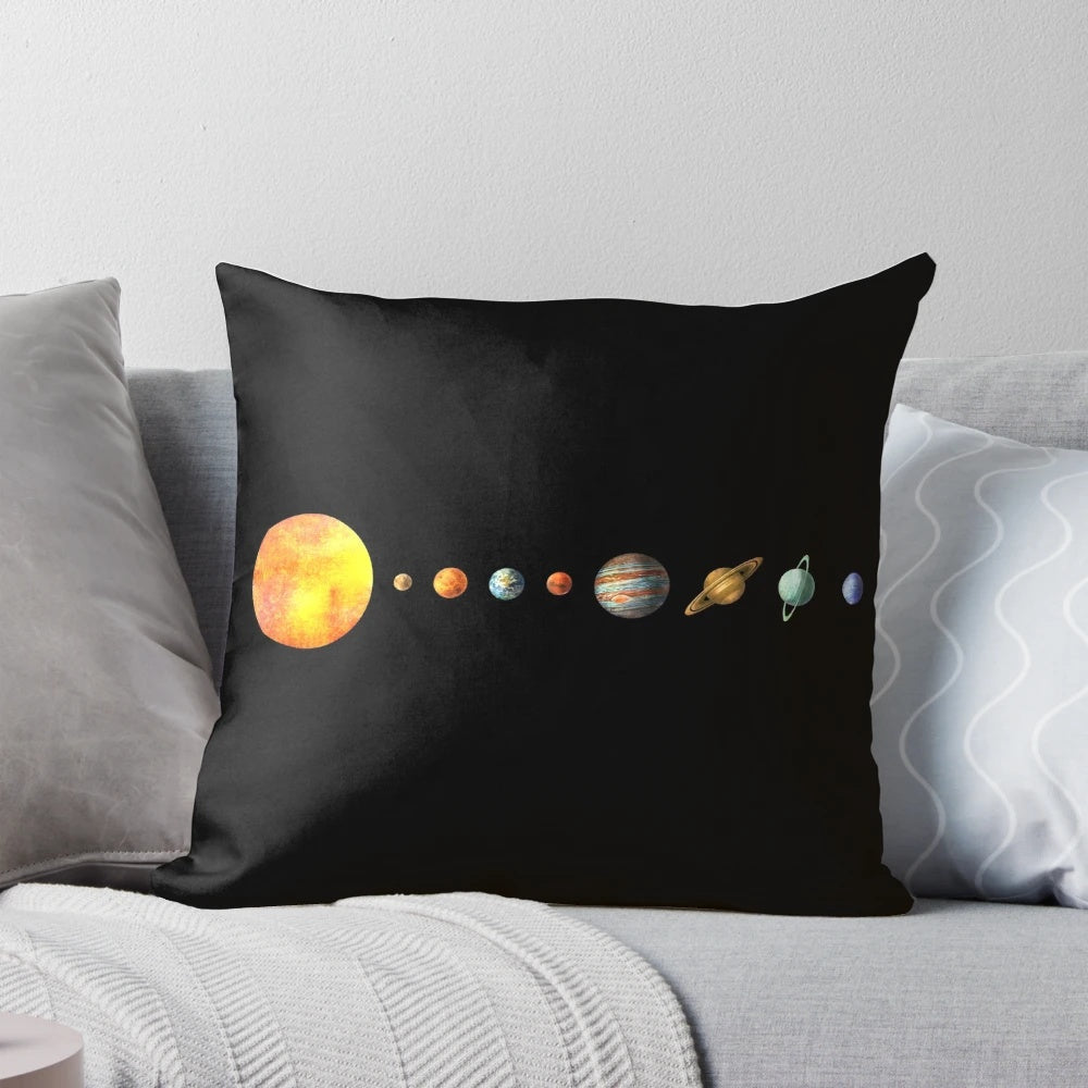 Vibrant digital illustration of the solar system planets on a soft, plush throw pillow.