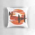 Artistic illustration of Tie Fighters from the Star Wars universe on a vibrant sunset background, printed on a high-quality throw pillow.
