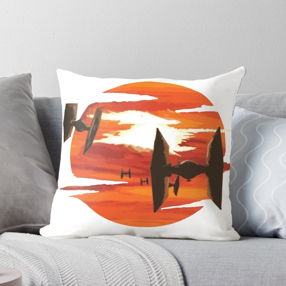 Artistic illustration of Tie Fighters from the Star Wars universe on a vibrant sunset background, printed on a high-quality throw pillow.