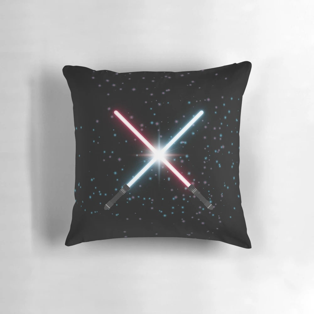 A vibrant, lightsaber-inspired decorative pillow featuring a cosmic stardust design.