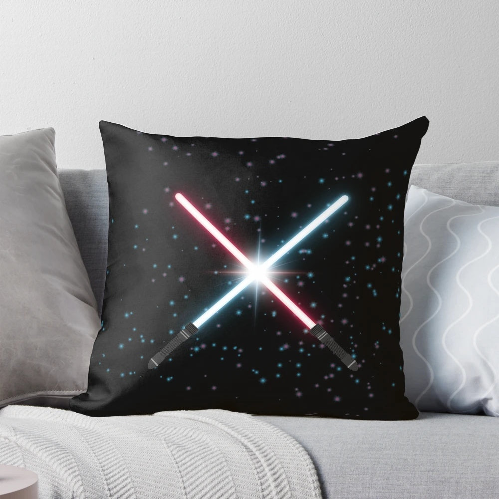 A vibrant, lightsaber-inspired decorative pillow featuring a cosmic stardust design.