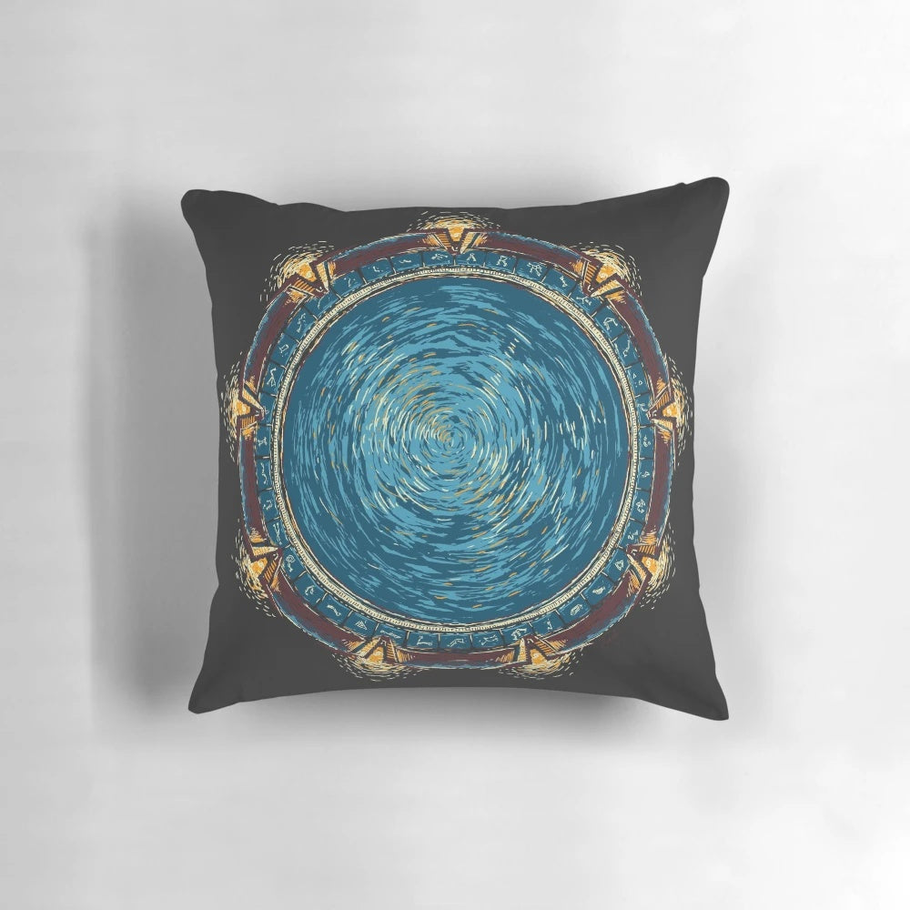 Starry night pillow with a sci-fi gate design, inspired by Van Gogh's artwork and the Atlantis TV series.