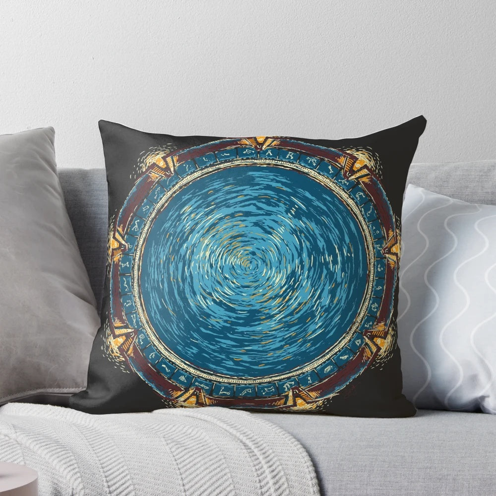 Starry night pillow with a sci-fi gate design, inspired by Van Gogh's artwork and the Atlantis TV series.