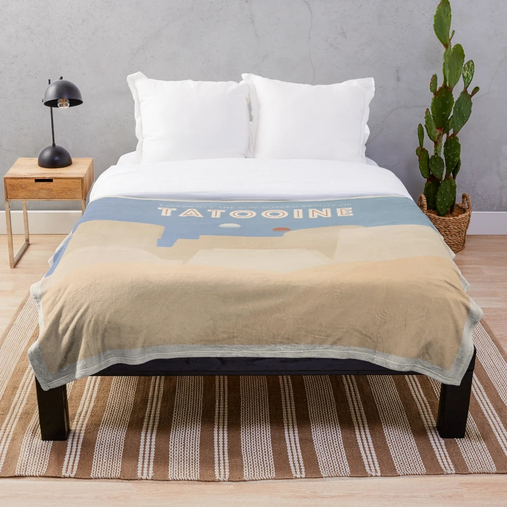 Tatooine inspired plush blanket with galaxy and desert design